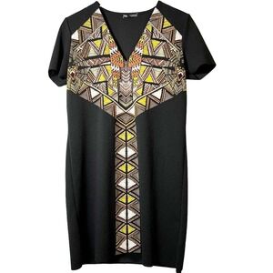 Zara Trafaluc Textured Tribal Print Black Geometric Shift T-Shirt Dress Size S